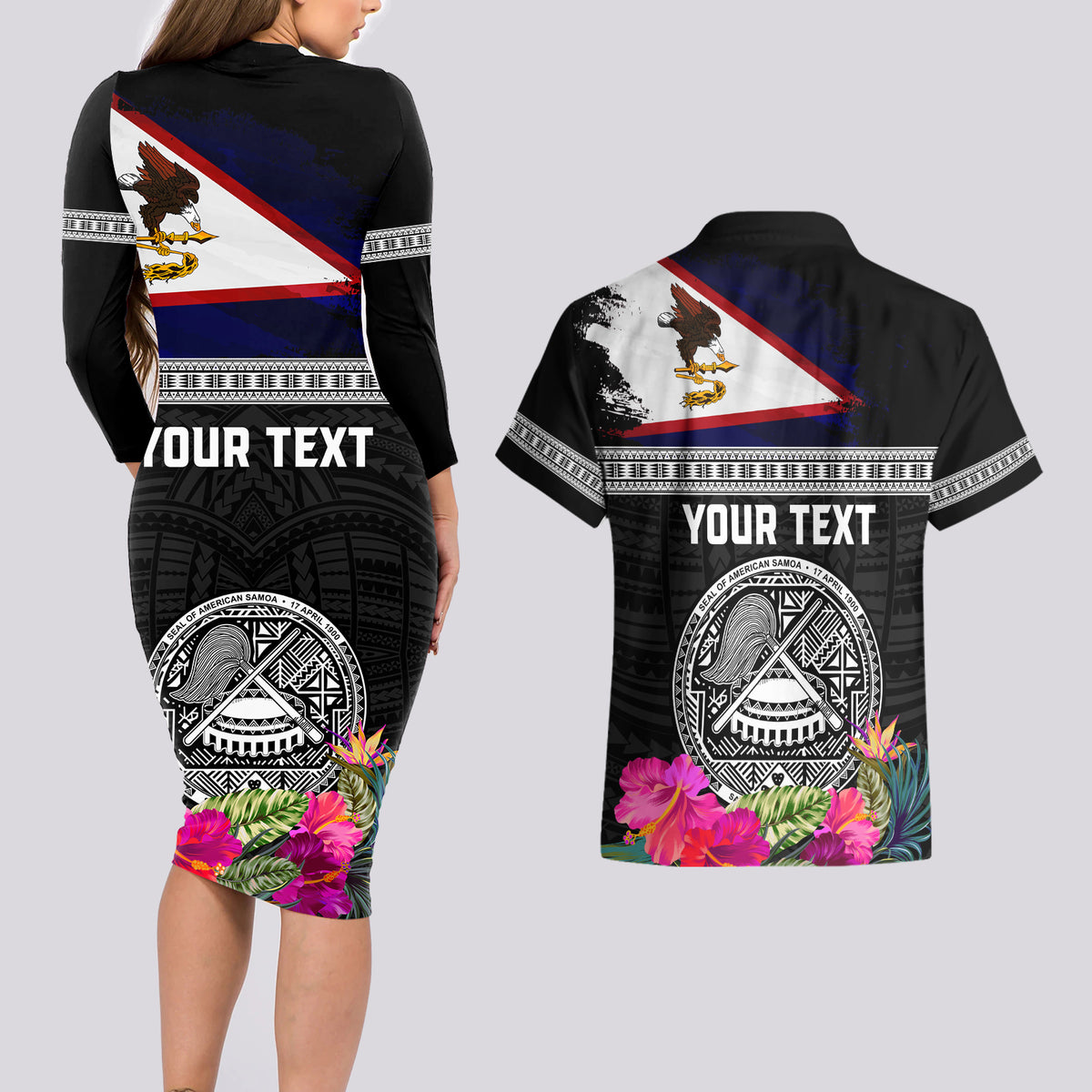 Personalized American Samoa Flag Day Couples Matching Long Sleeve Bodycon Dress and Hawaiian Shirt Tanoa and Fue mix Hibiscus Flower Polynesian Pattern