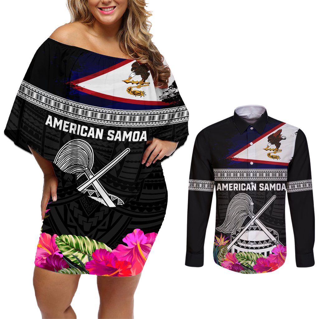 Personalized American Samoa Flag Day Couples Matching Off Shoulder Short Dress and Long Sleeve Button Shirt Tanoa and Fue mix Hibiscus Flower Polynesian Pattern LT03 Black - Polynesian Pride