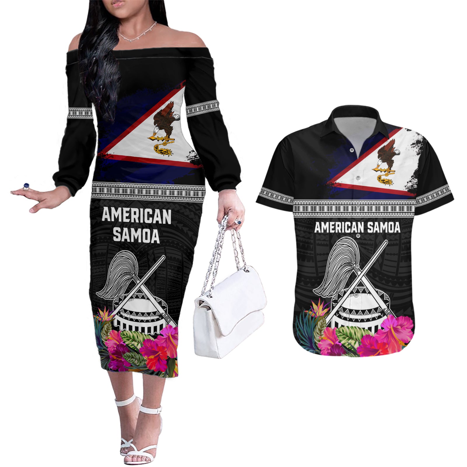 Personalized American Samoa Flag Day Couples Matching Off The Shoulder Long Sleeve Dress and Hawaiian Shirt Tanoa and Fue mix Hibiscus Flower Polynesian Pattern LT03 Black - Polynesian Pride