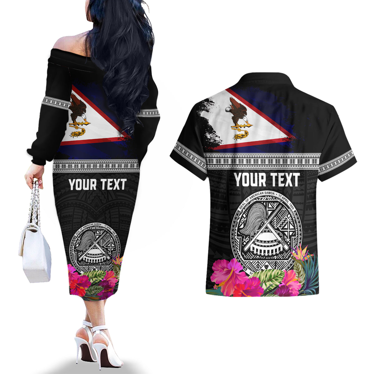 Personalized American Samoa Flag Day Couples Matching Off The Shoulder Long Sleeve Dress and Hawaiian Shirt Tanoa and Fue mix Hibiscus Flower Polynesian Pattern
