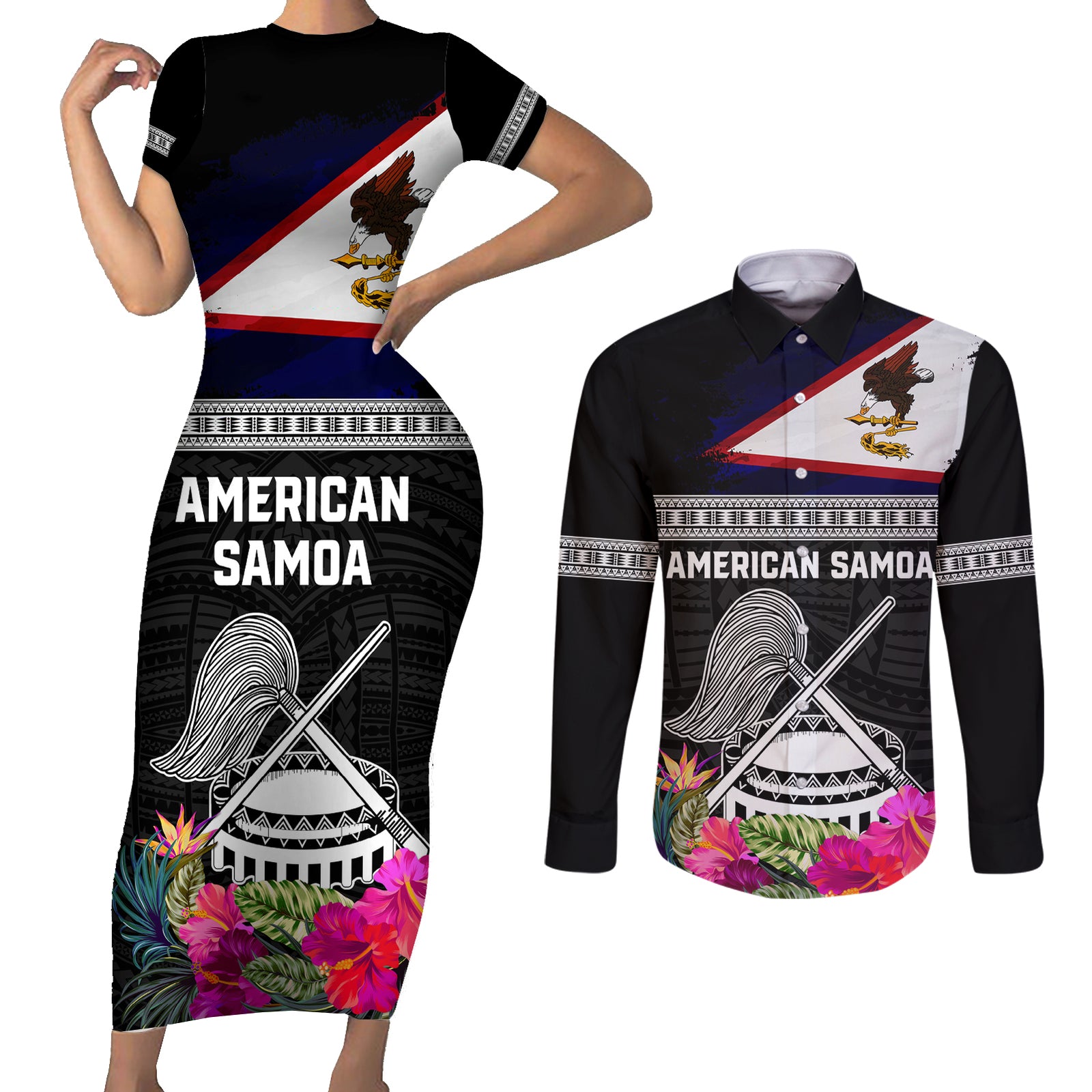 Personalized American Samoa Flag Day Couples Matching Short Sleeve Bodycon Dress and Long Sleeve Button Shirt Tanoa and Fue mix Hibiscus Flower Polynesian Pattern LT03 Black - Polynesian Pride