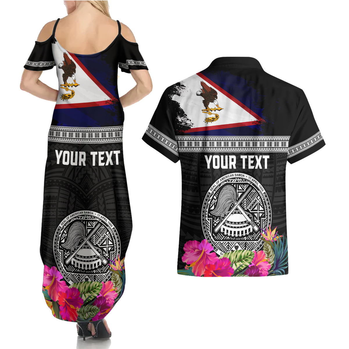 Personalized American Samoa Flag Day Couples Matching Summer Maxi Dress and Hawaiian Shirt Tanoa and Fue mix Hibiscus Flower Polynesian Pattern