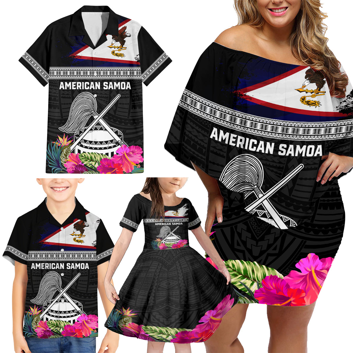 Personalized American Samoa Flag Day Family Matching Off Shoulder Short Dress and Hawaiian Shirt Tanoa and Fue mix Hibiscus Flower Polynesian Pattern LT03 - Polynesian Pride