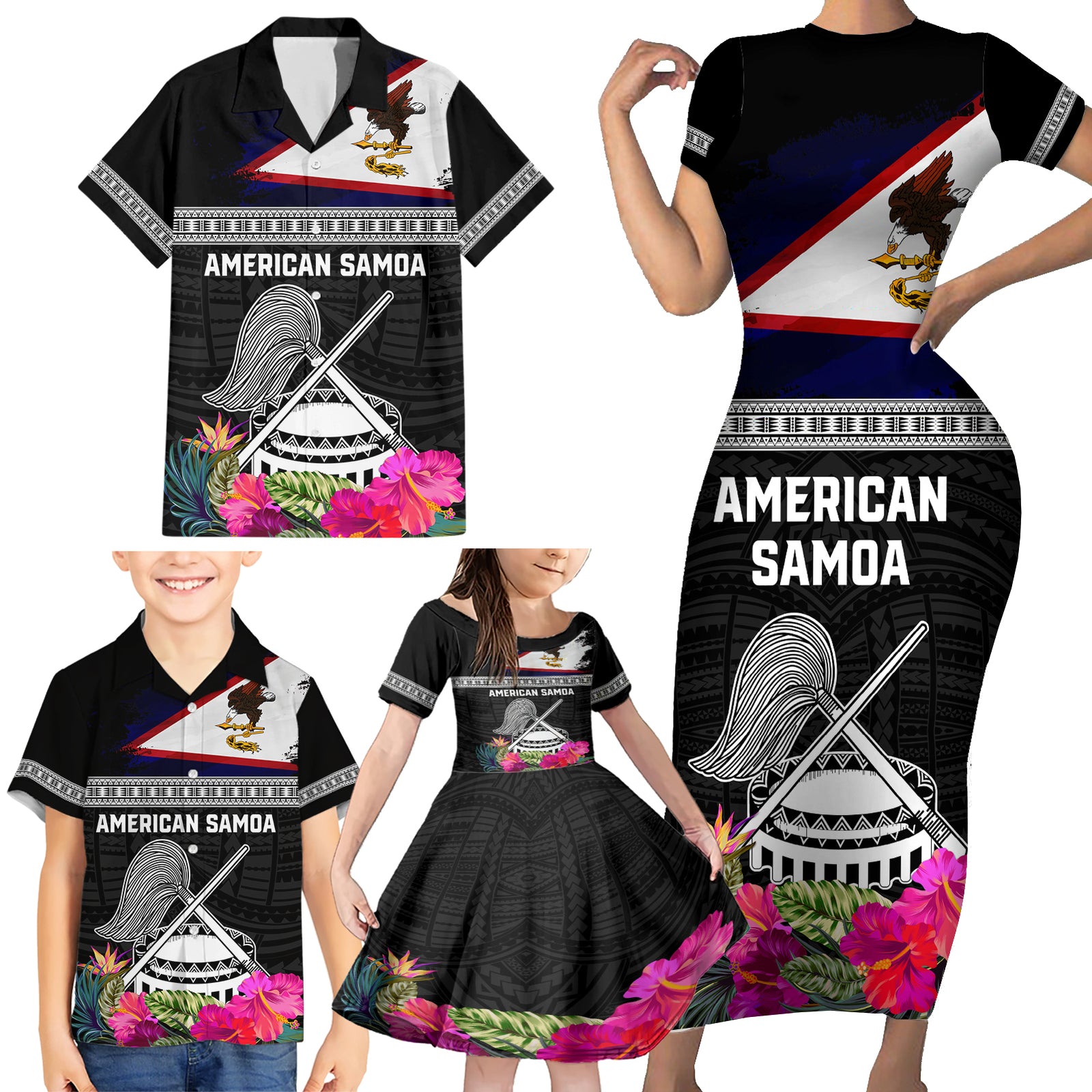 Personalized American Samoa Flag Day Family Matching Short Sleeve Bodycon Dress and Hawaiian Shirt Tanoa and Fue mix Hibiscus Flower Polynesian Pattern LT03 - Polynesian Pride