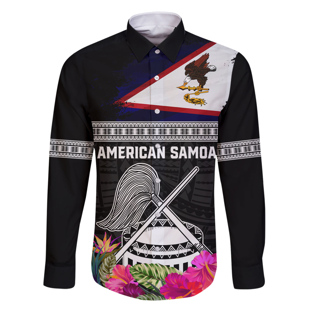 Personalized American Samoa Flag Day Family Matching Short Sleeve Bodycon Dress and Hawaiian Shirt Tanoa and Fue mix Hibiscus Flower Polynesian Pattern