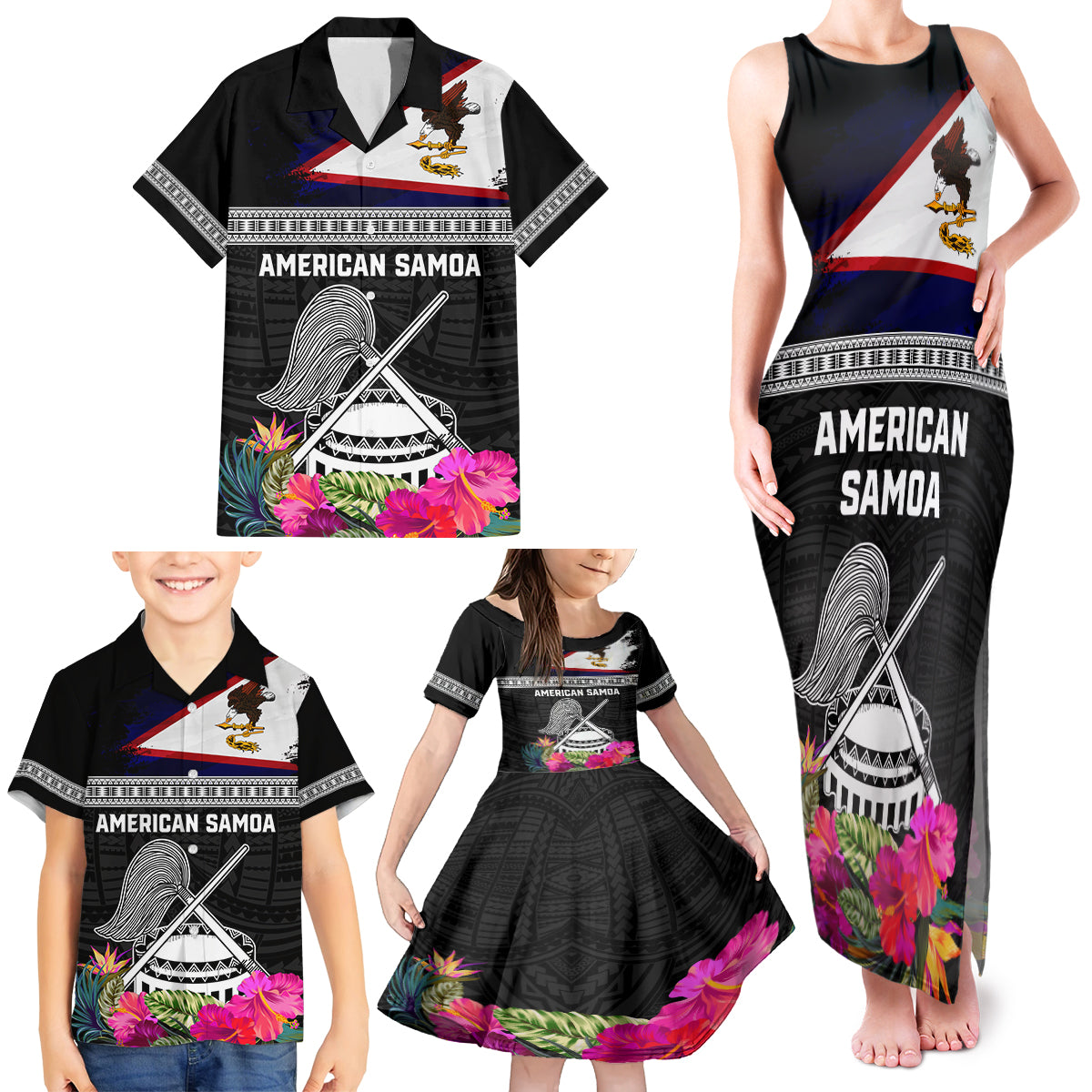 Personalized American Samoa Flag Day Family Matching Tank Maxi Dress and Hawaiian Shirt Tanoa and Fue mix Hibiscus Flower Polynesian Pattern LT03 - Polynesian Pride