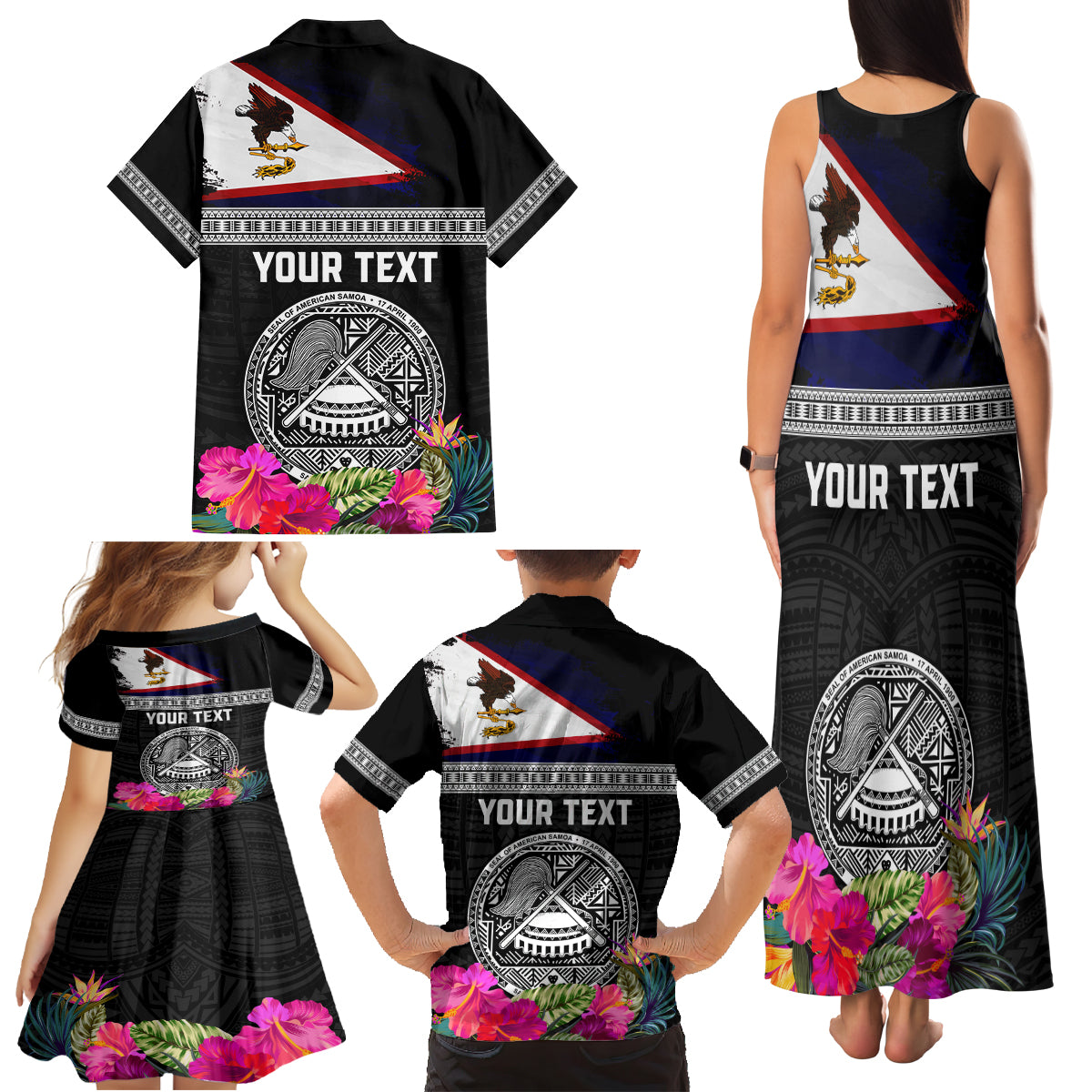 Personalized American Samoa Flag Day Family Matching Tank Maxi Dress and Hawaiian Shirt Tanoa and Fue mix Hibiscus Flower Polynesian Pattern