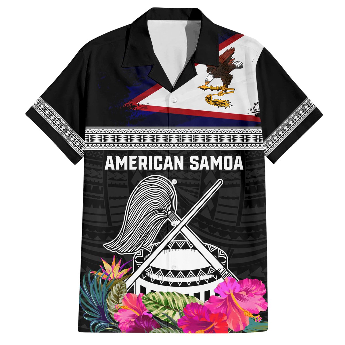 Personalized American Samoa Flag Day Hawaiian Shirt Tanoa and Fue mix Hibiscus Flower Polynesian Pattern LT03 Black - Polynesian Pride