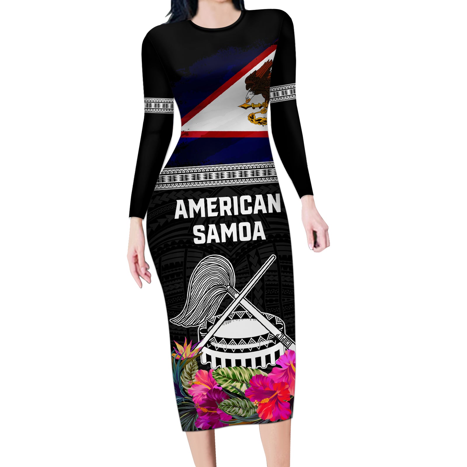 Personalized American Samoa Flag Day Long Sleeve Bodycon Dress Tanoa and Fue mix Hibiscus Flower Polynesian Pattern LT03 Long Dress Black - Polynesian Pride