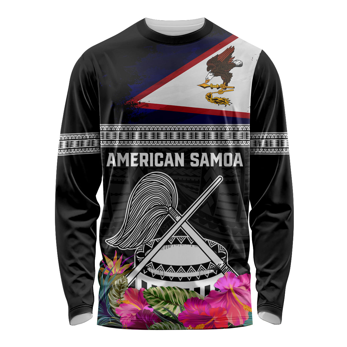 Personalized American Samoa Flag Day Long Sleeve Shirt Tanoa and Fue mix Hibiscus Flower Polynesian Pattern LT03 Unisex Black - Polynesian Pride