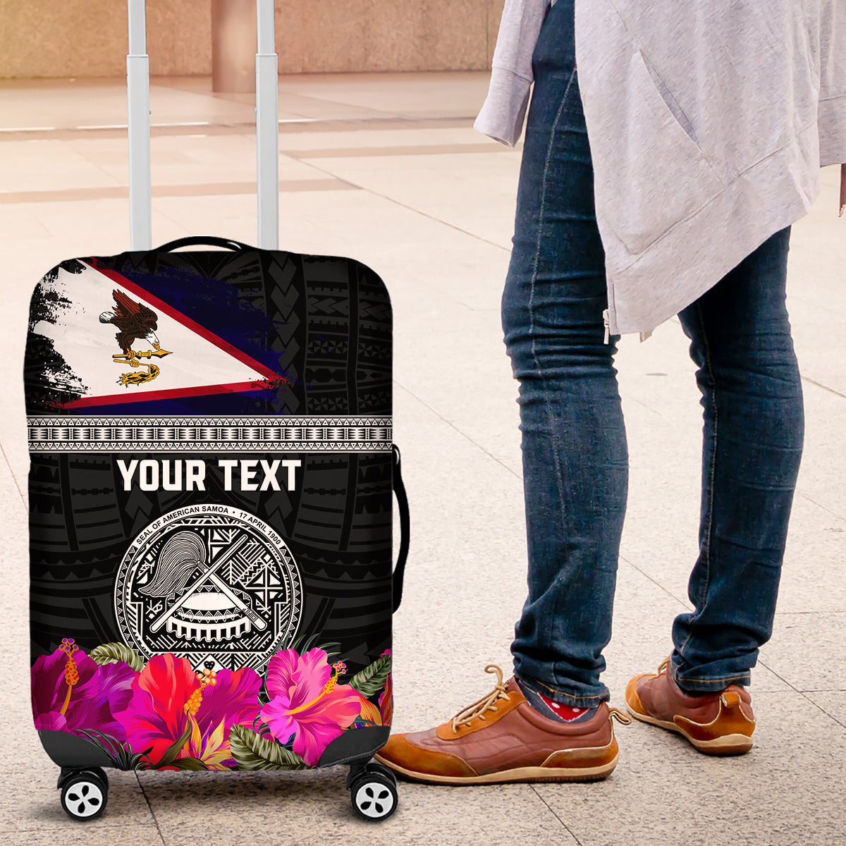 Personalized American Samoa Flag Day Luggage Cover Tanoa and Fue mix Hibiscus Flower Polynesian Pattern LT03 Black - Polynesian Pride