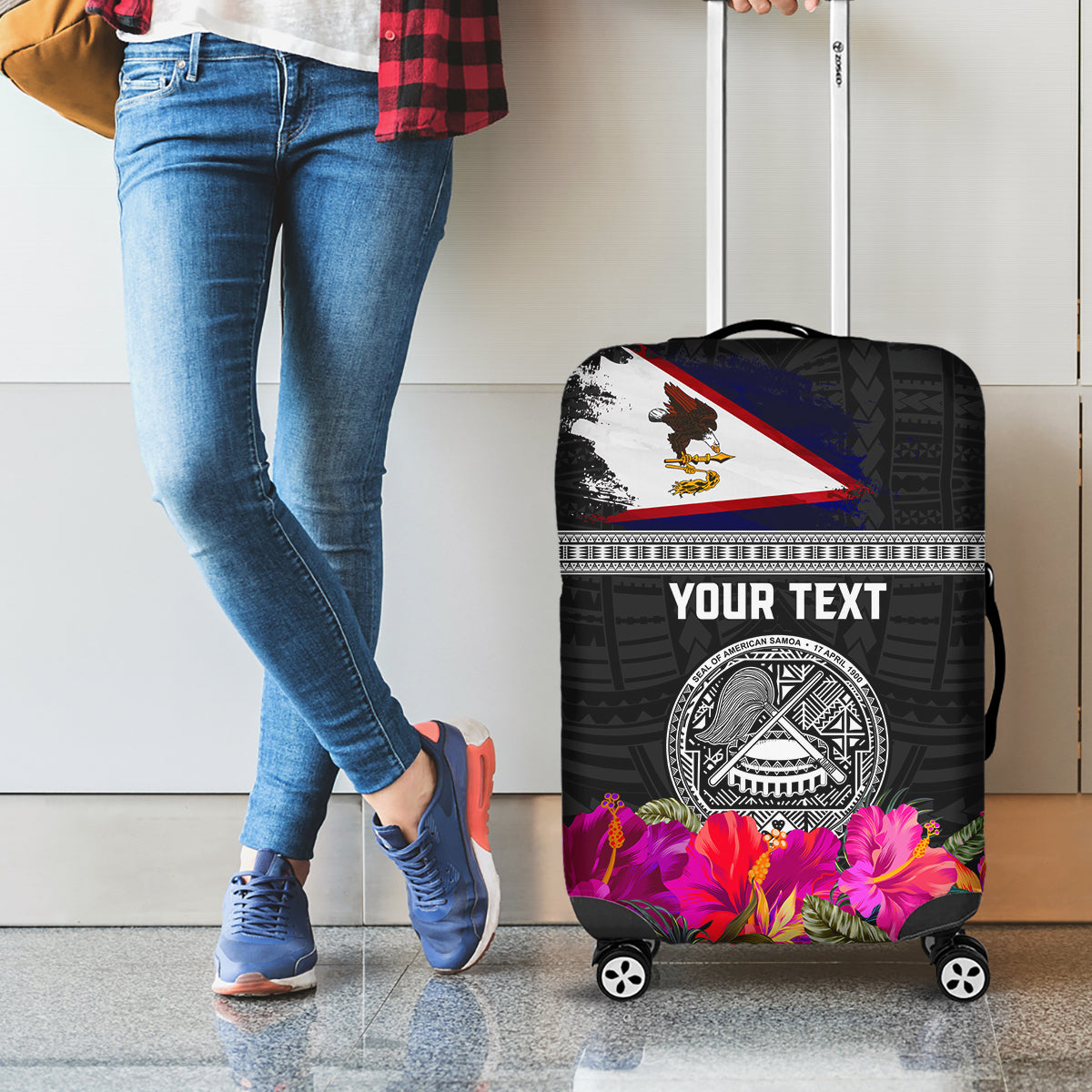Personalized American Samoa Flag Day Luggage Cover Tanoa and Fue mix Hibiscus Flower Polynesian Pattern LT03 - Polynesian Pride