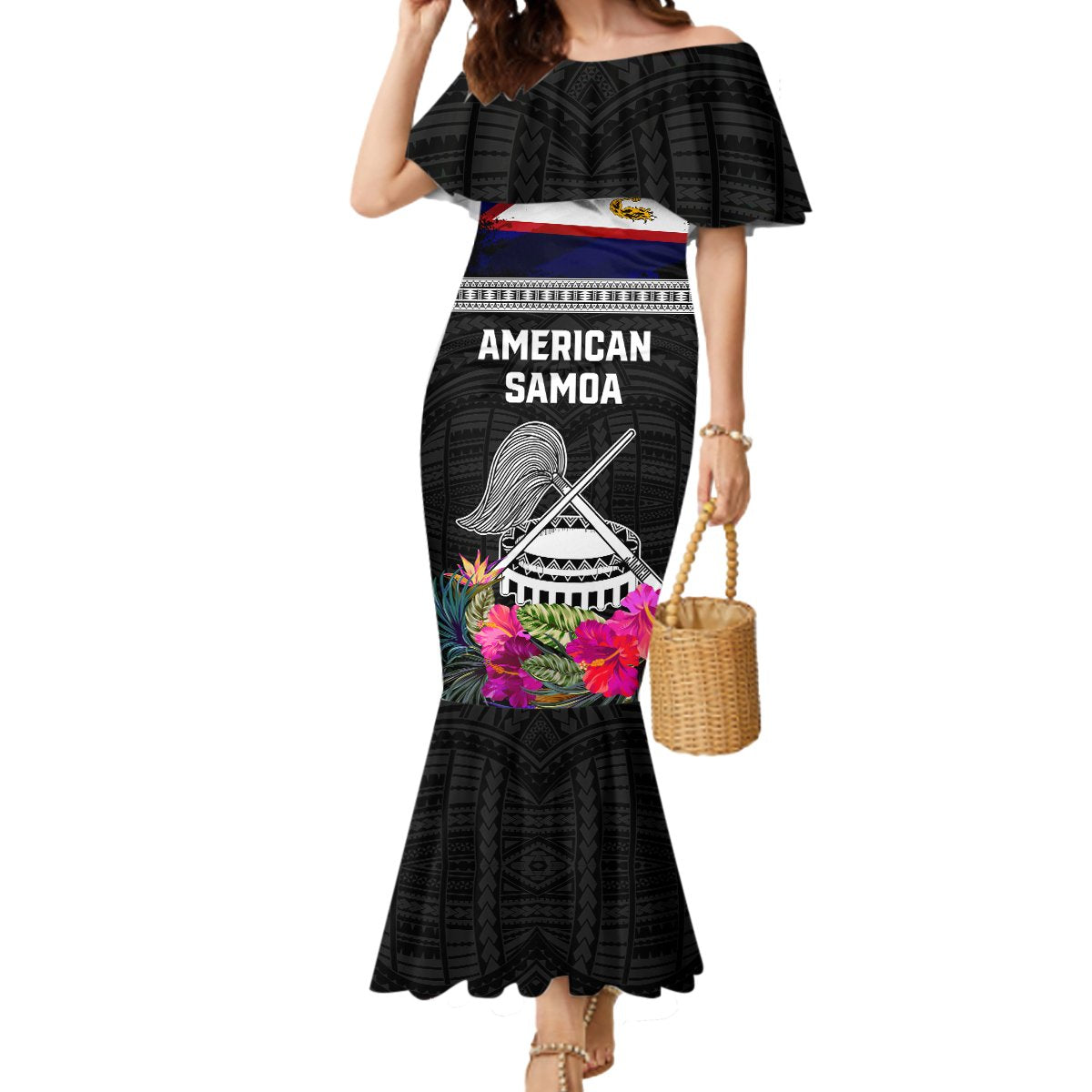 Personalized American Samoa Flag Day Mermaid Dress Tanoa and Fue mix Hibiscus Flower Polynesian Pattern LT03 Women Black - Polynesian Pride