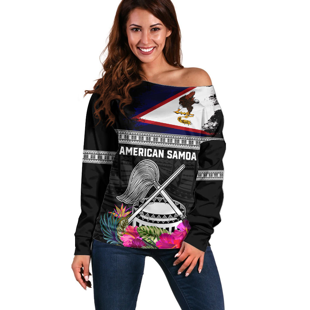 Personalized American Samoa Flag Day Off Shoulder Sweater Tanoa and Fue mix Hibiscus Flower Polynesian Pattern LT03 Women Black - Polynesian Pride