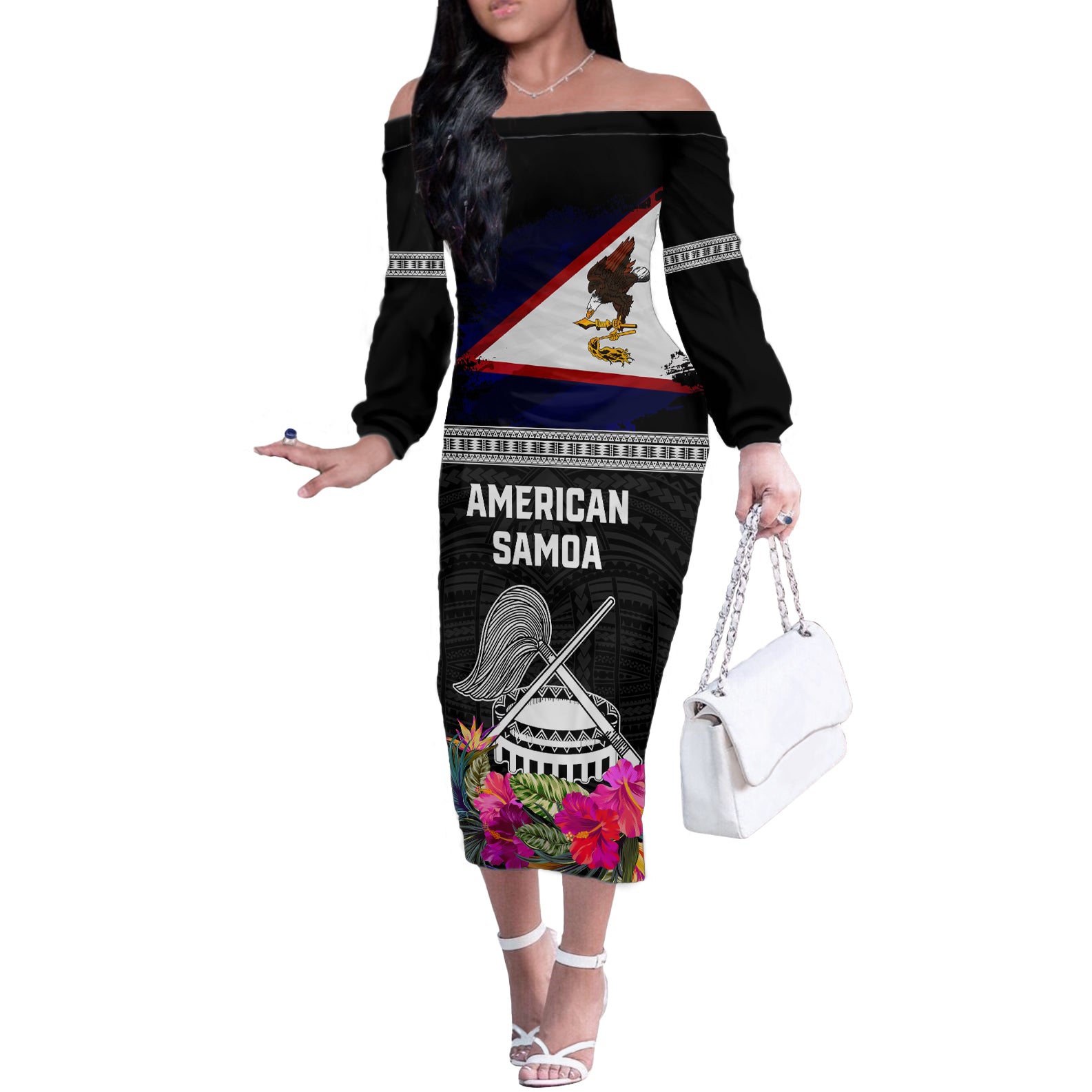 Personalized American Samoa Flag Day Off The Shoulder Long Sleeve Dress Tanoa and Fue mix Hibiscus Flower Polynesian Pattern LT03 Women Black - Polynesian Pride
