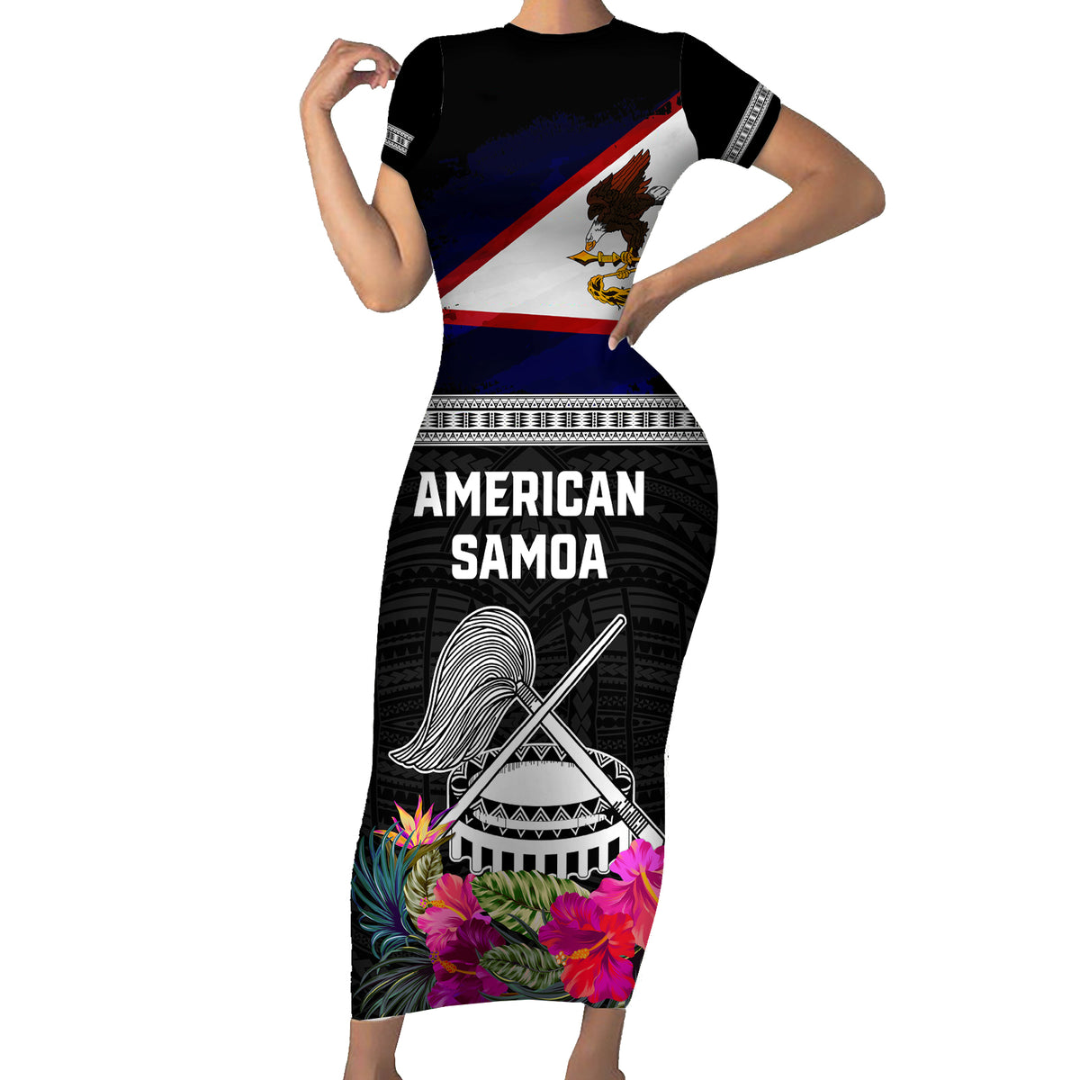 Personalized American Samoa Flag Day Short Sleeve Bodycon Dress Tanoa and Fue mix Hibiscus Flower Polynesian Pattern LT03 Long Dress Black - Polynesian Pride