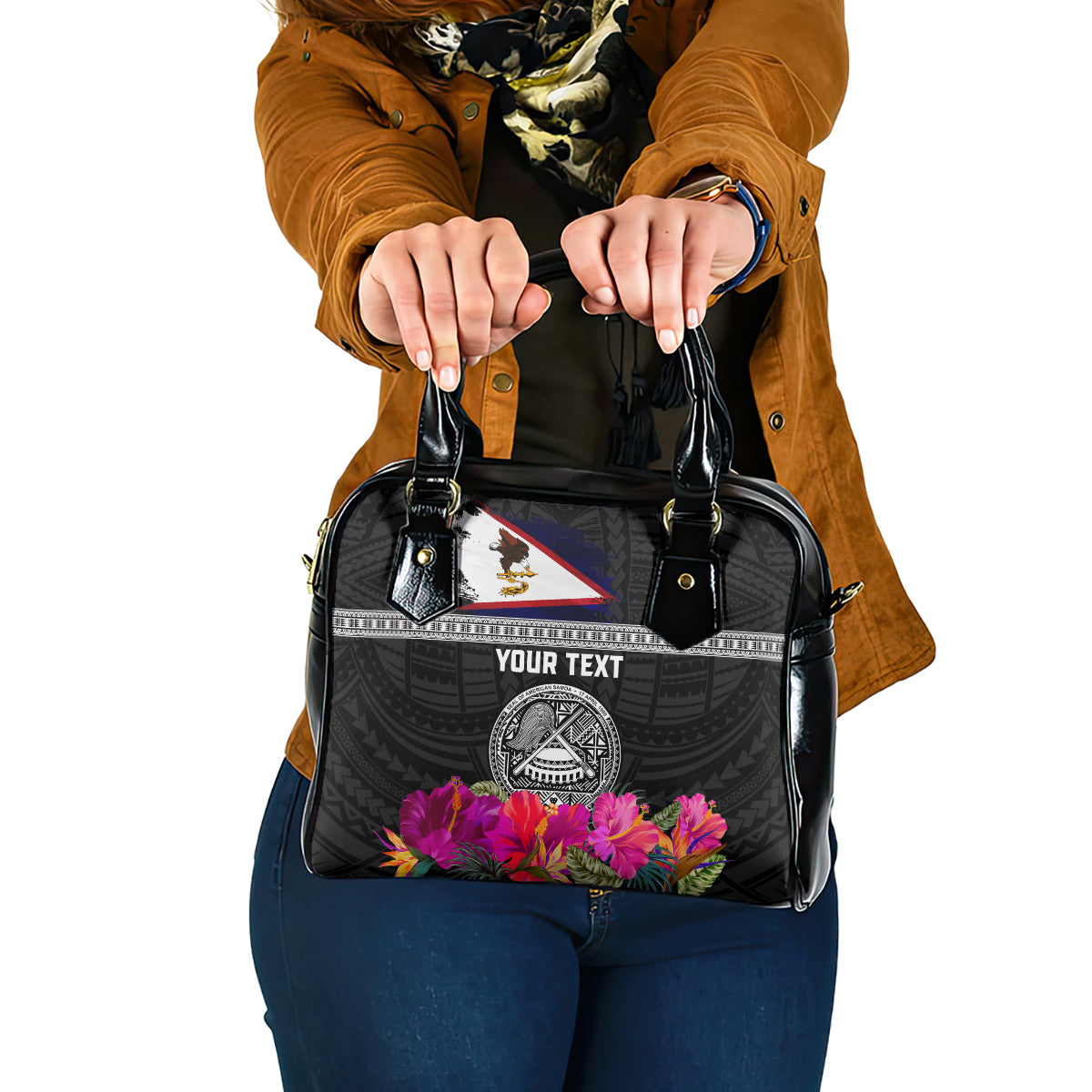 Personalized American Samoa Flag Day Shoulder Handbag Tanoa and Fue mix Hibiscus Flower Polynesian Pattern LT03 One Size Black - Polynesian Pride