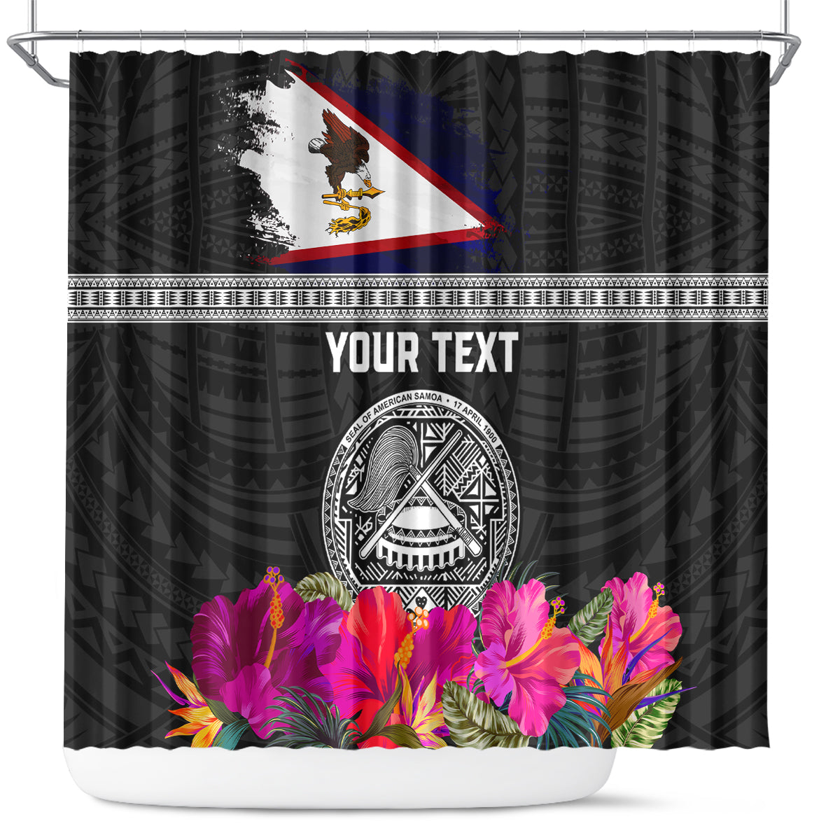 Personalized American Samoa Flag Day Shower Curtain Tanoa and Fue mix Hibiscus Flower Polynesian Pattern LT03 Black - Polynesian Pride