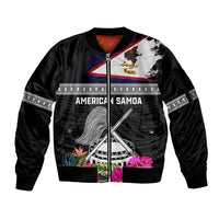 Personalized American Samoa Flag Day Sleeve Zip Bomber Jacket Tanoa and Fue mix Hibiscus Flower Polynesian Pattern