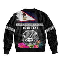 Personalized American Samoa Flag Day Sleeve Zip Bomber Jacket Tanoa and Fue mix Hibiscus Flower Polynesian Pattern