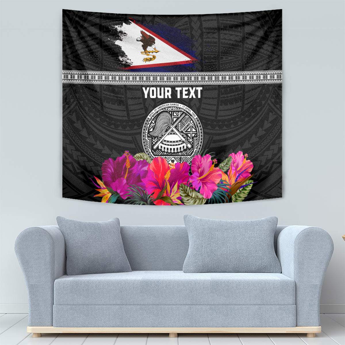 Personalized American Samoa Flag Day Tapestry Tanoa and Fue mix Hibiscus Flower Polynesian Pattern