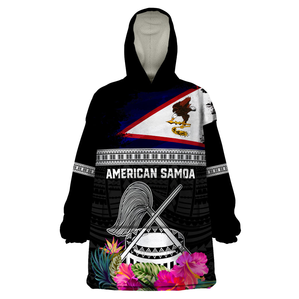 Personalized American Samoa Flag Day Wearable Blanket Hoodie Tanoa and Fue mix Hibiscus Flower Polynesian Pattern LT03 One Size Black - Polynesian Pride