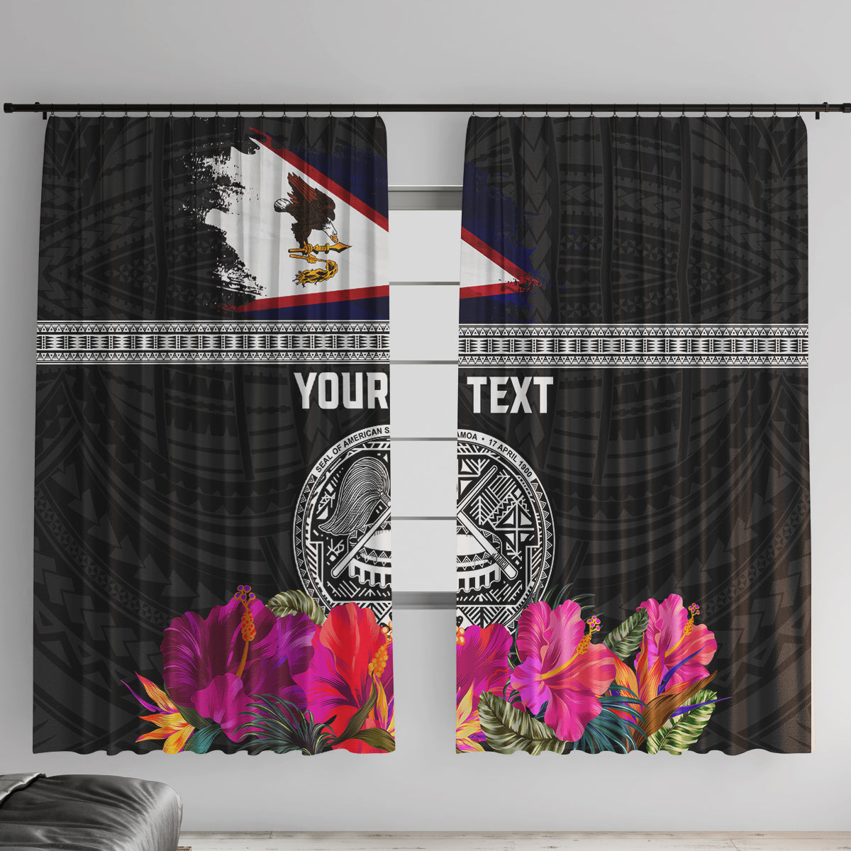Personalized American Samoa Flag Day Window Curtain Tanoa and Fue mix Hibiscus Flower Polynesian Pattern LT03 With Hooks Black - Polynesian Pride