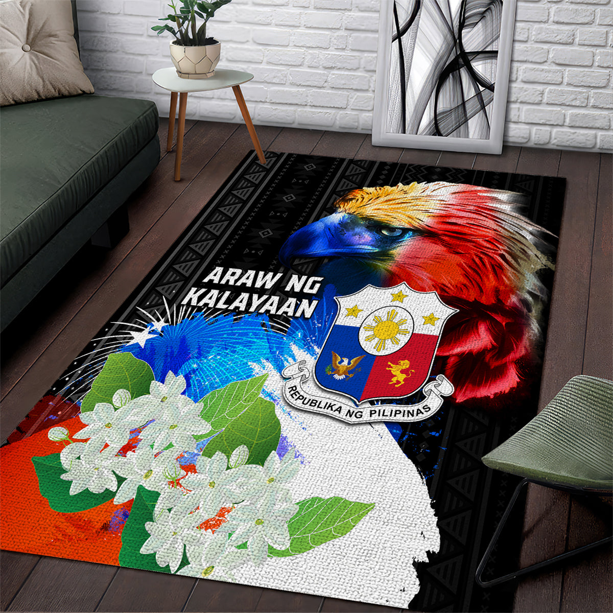 Philippines Independence Day Area Rug Philippines Eagle and Sampaguita Jasmine Yakan Tribal
