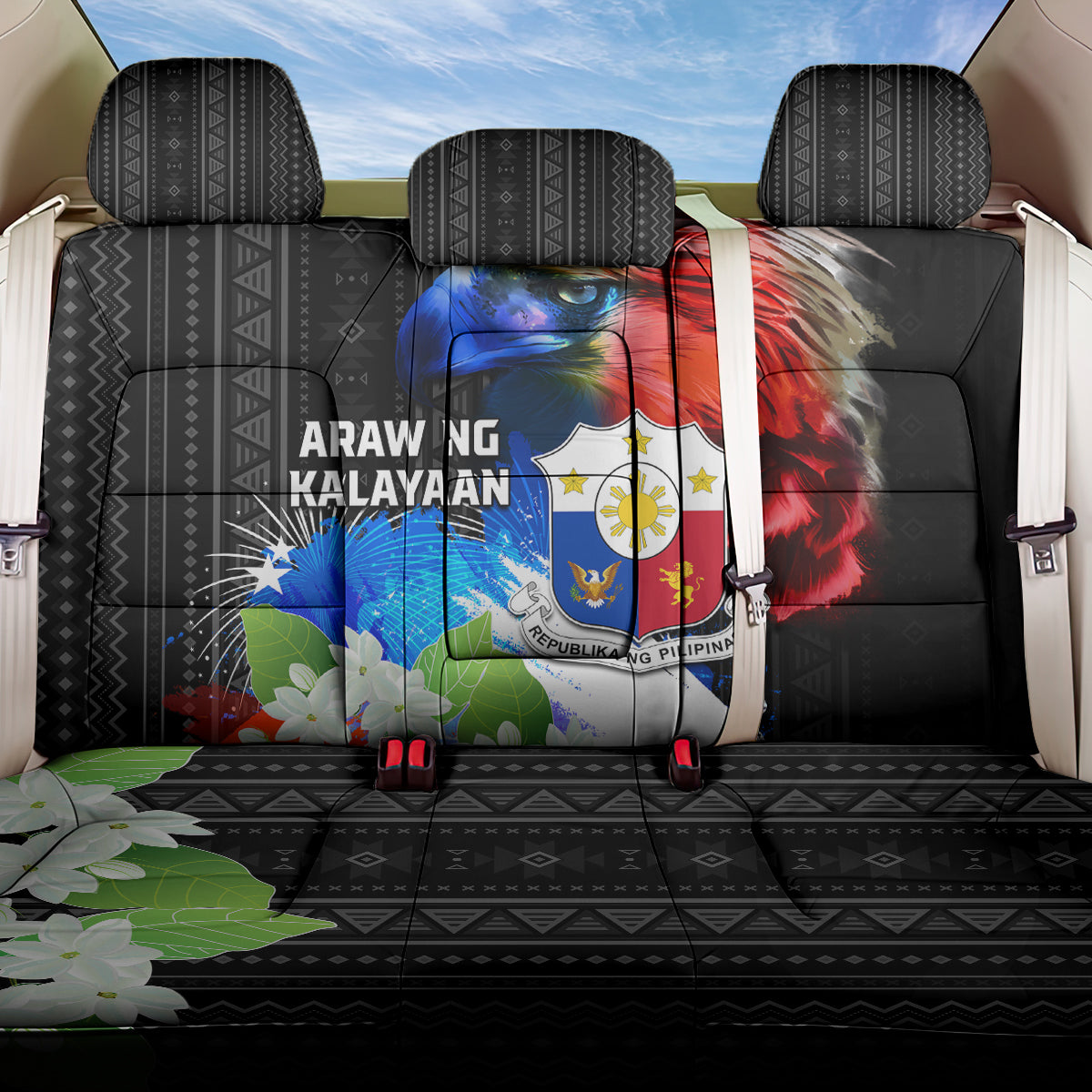 Philippines Independence Day Back Car Seat Cover Philippines Eagle and Sampaguita Jasmine Yakan Tribal LT03