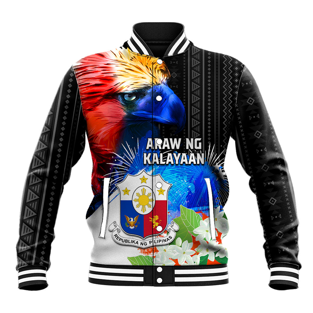 Philippines Independence Day Baseball Jacket Philippines Eagle and Sampaguita Jasmine Yakan Tribal LT03 Unisex Black - Polynesian Pride