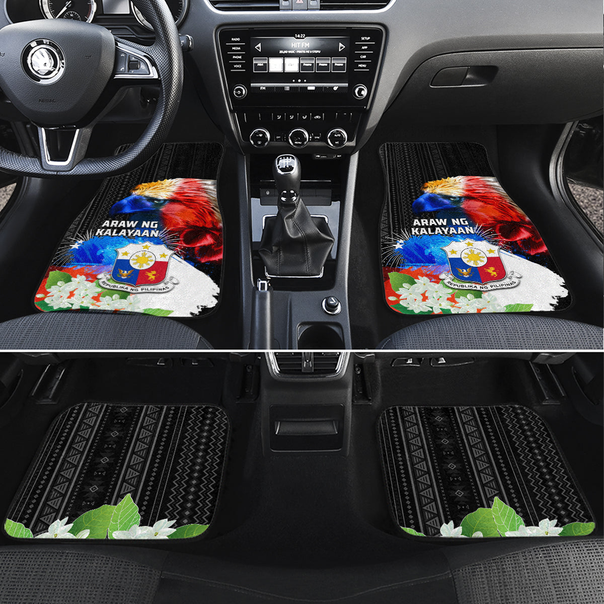 Philippines Independence Day Car Mats Philippines Eagle and Sampaguita Jasmine Yakan Tribal LT03 Set 4pcs Black - Polynesian Pride