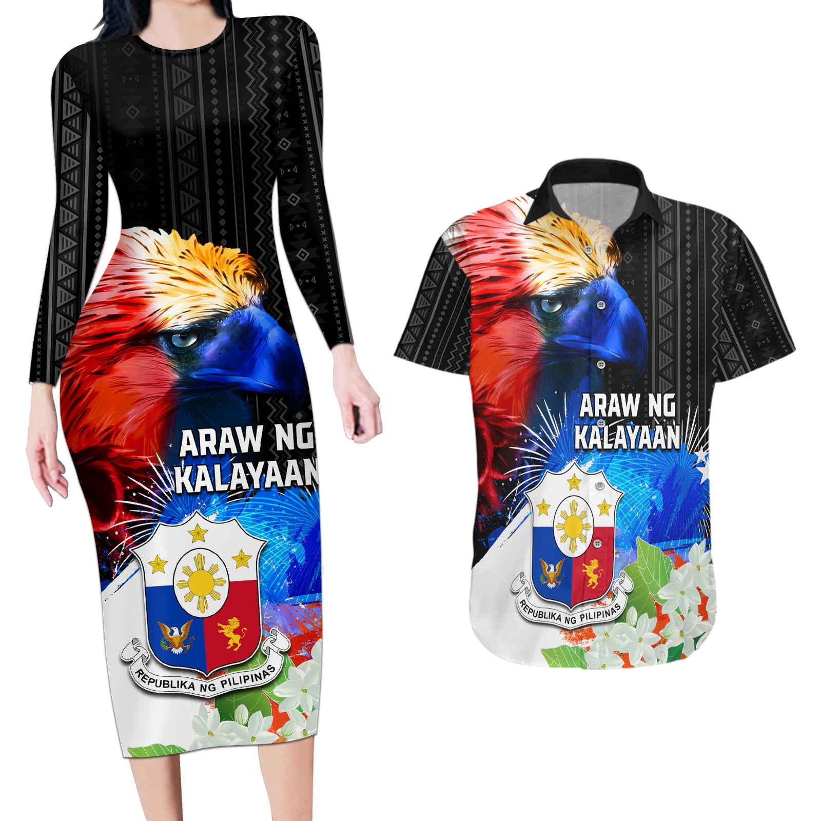 Philippines Independence Day Couples Matching Long Sleeve Bodycon Dress and Hawaiian Shirt Philippines Eagle and Sampaguita Jasmine Yakan Tribal LT03 Black - Polynesian Pride