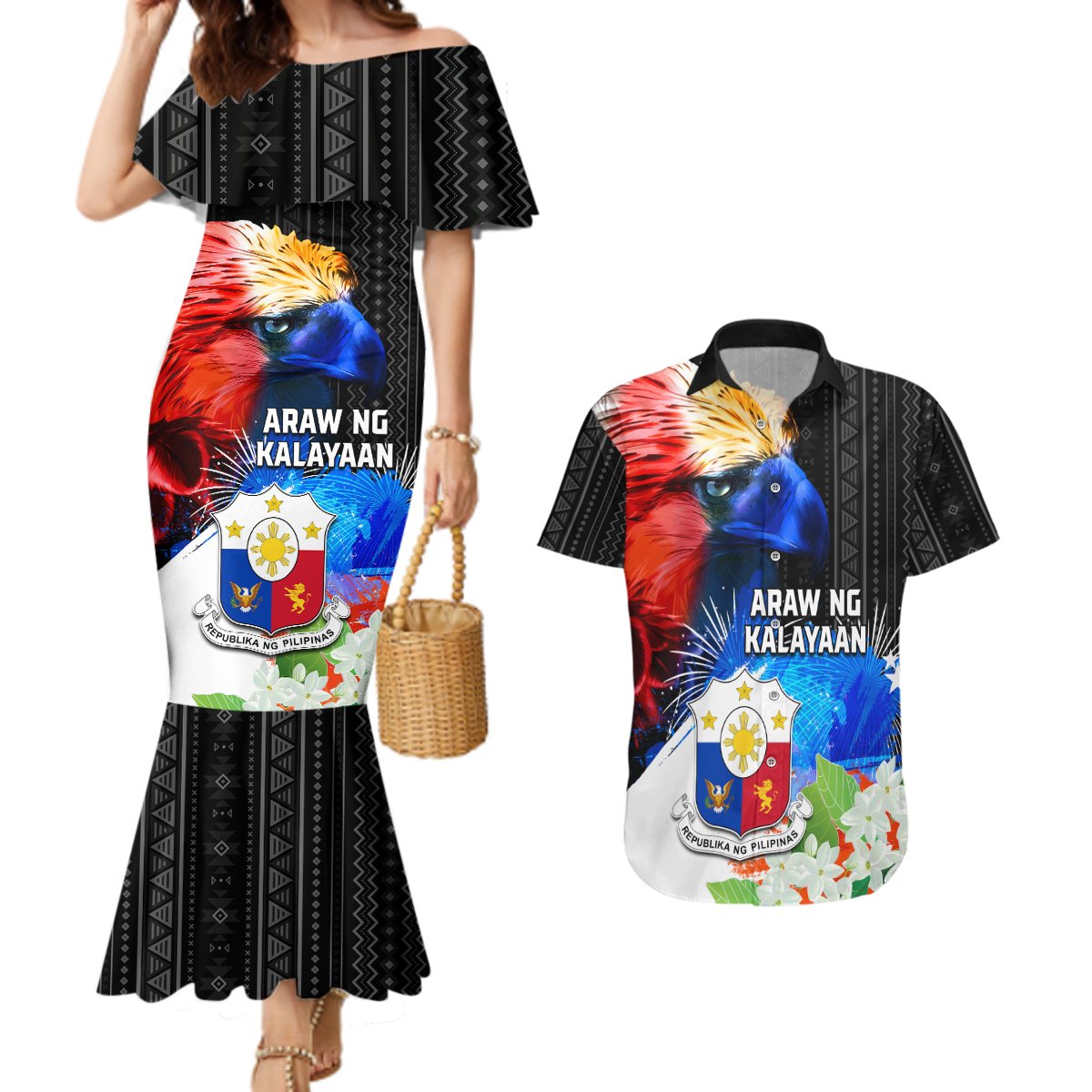 Philippines Independence Day Couples Matching Mermaid Dress and Hawaiian Shirt Philippines Eagle and Sampaguita Jasmine Yakan Tribal LT03 Black - Polynesian Pride