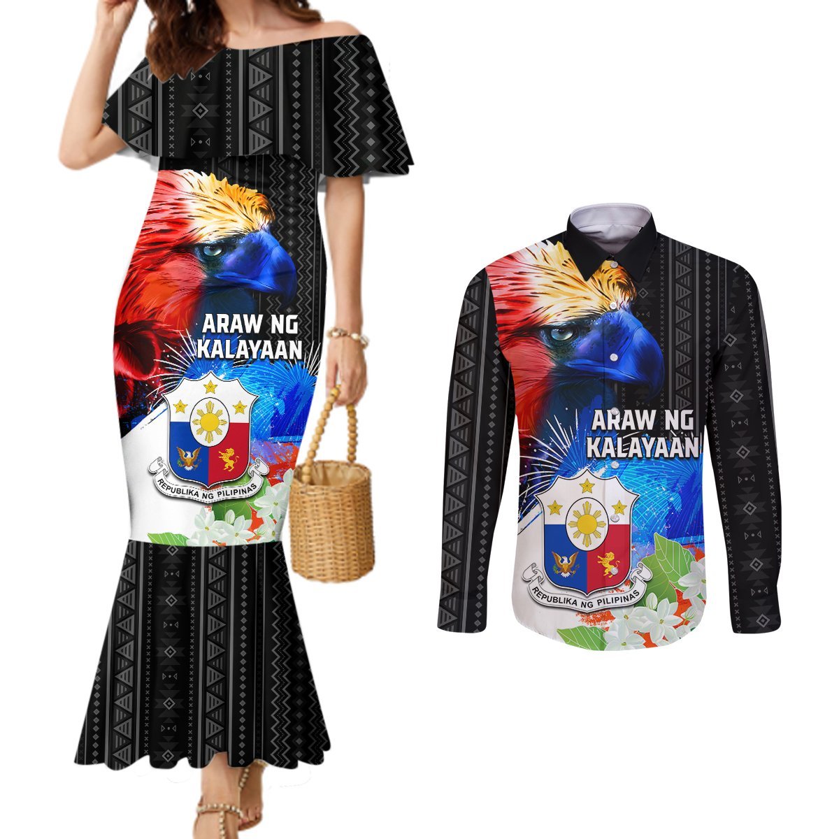 Philippines Independence Day Couples Matching Mermaid Dress and Long Sleeve Button Shirt Philippines Eagle and Sampaguita Jasmine Yakan Tribal LT03 Black - Polynesian Pride