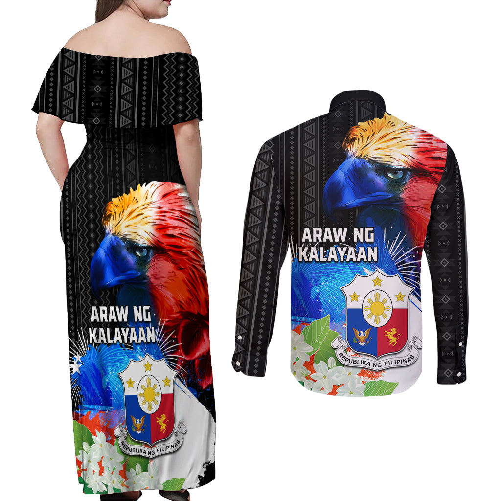 Philippines Independence Day Couples Matching Off Shoulder Maxi Dress and Long Sleeve Button Shirt Philippines Eagle and Sampaguita Jasmine Yakan Tribal