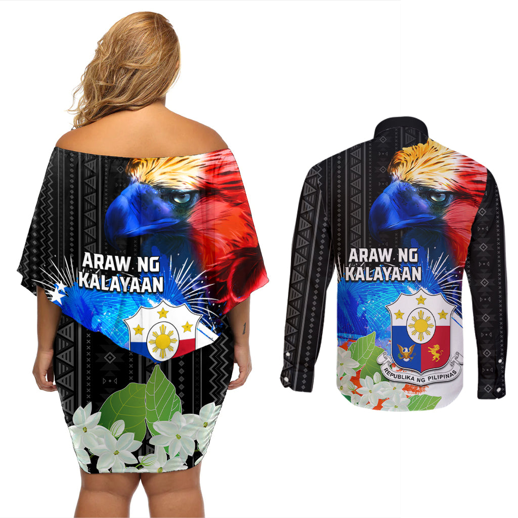 Philippines Independence Day Couples Matching Off Shoulder Short Dress and Long Sleeve Button Shirt Philippines Eagle and Sampaguita Jasmine Yakan Tribal