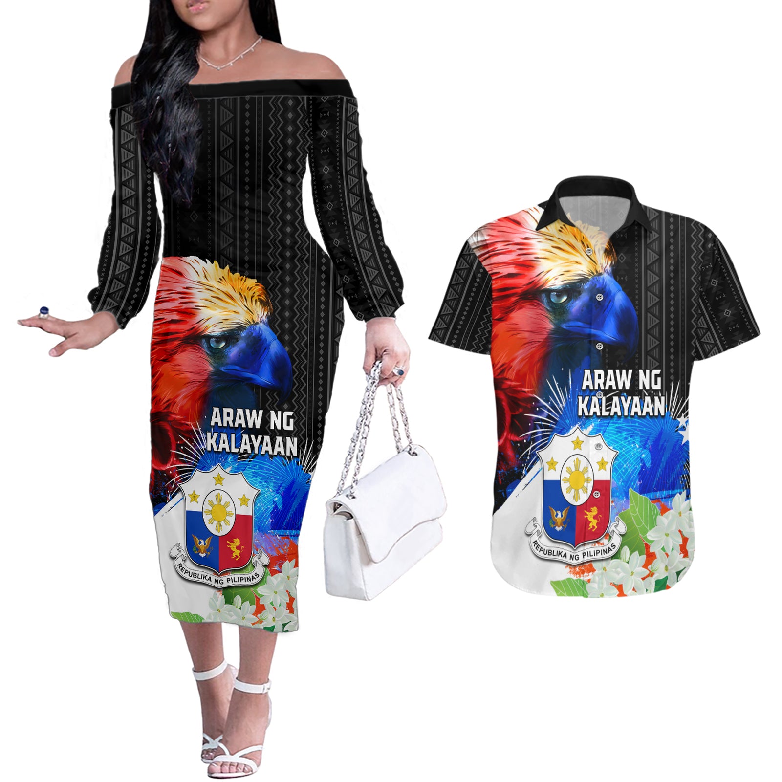 Philippines Independence Day Couples Matching Off The Shoulder Long Sleeve Dress and Hawaiian Shirt Philippines Eagle and Sampaguita Jasmine Yakan Tribal LT03 Black - Polynesian Pride