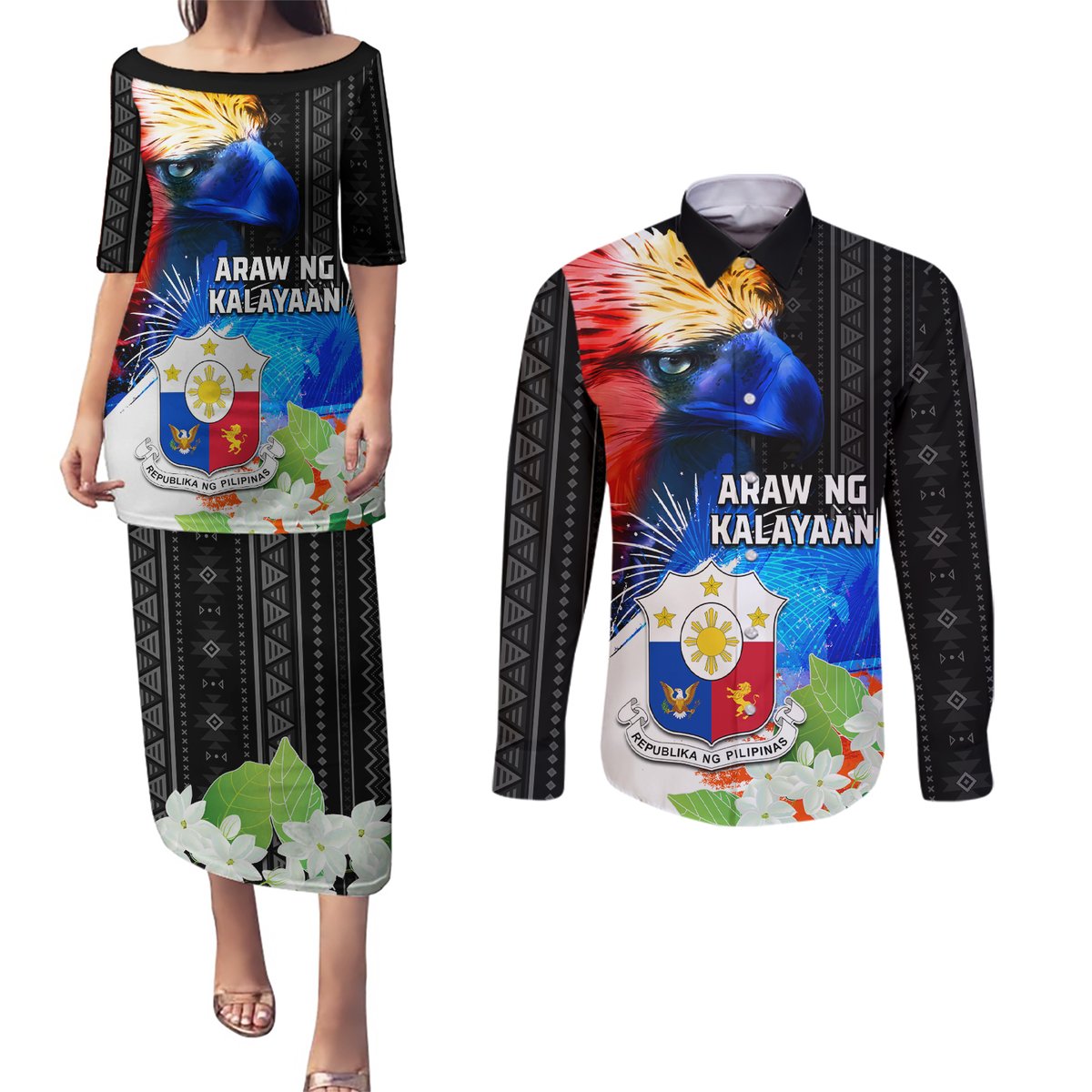 Philippines Independence Day Couples Matching Puletasi and Long Sleeve Button Shirt Philippines Eagle and Sampaguita Jasmine Yakan Tribal LT03 Black - Polynesian Pride