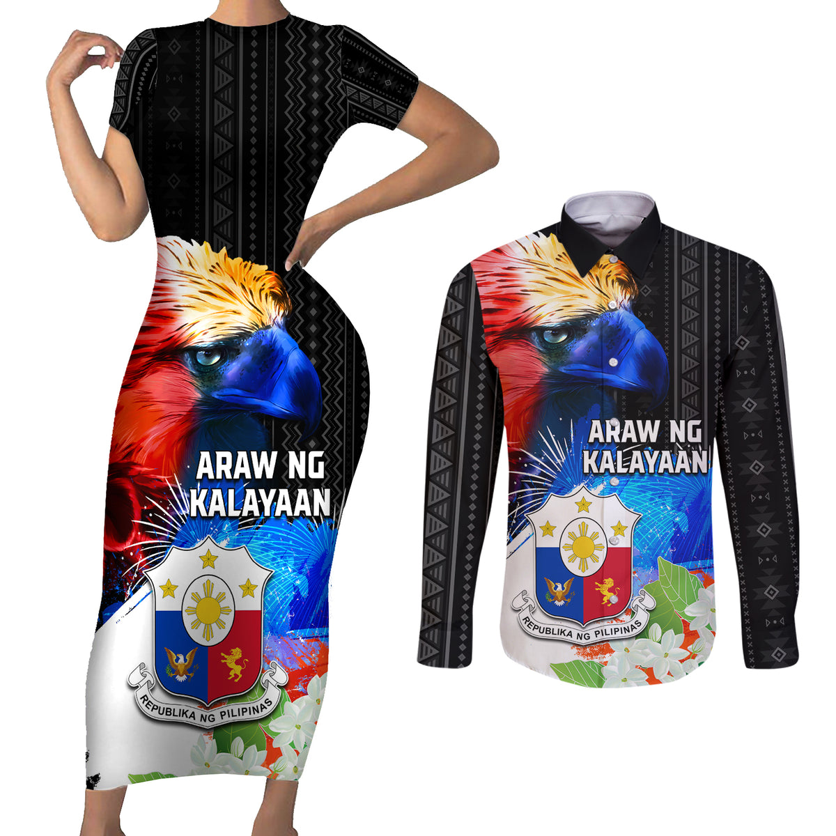 Philippines Independence Day Couples Matching Short Sleeve Bodycon Dress and Long Sleeve Button Shirt Philippines Eagle and Sampaguita Jasmine Yakan Tribal