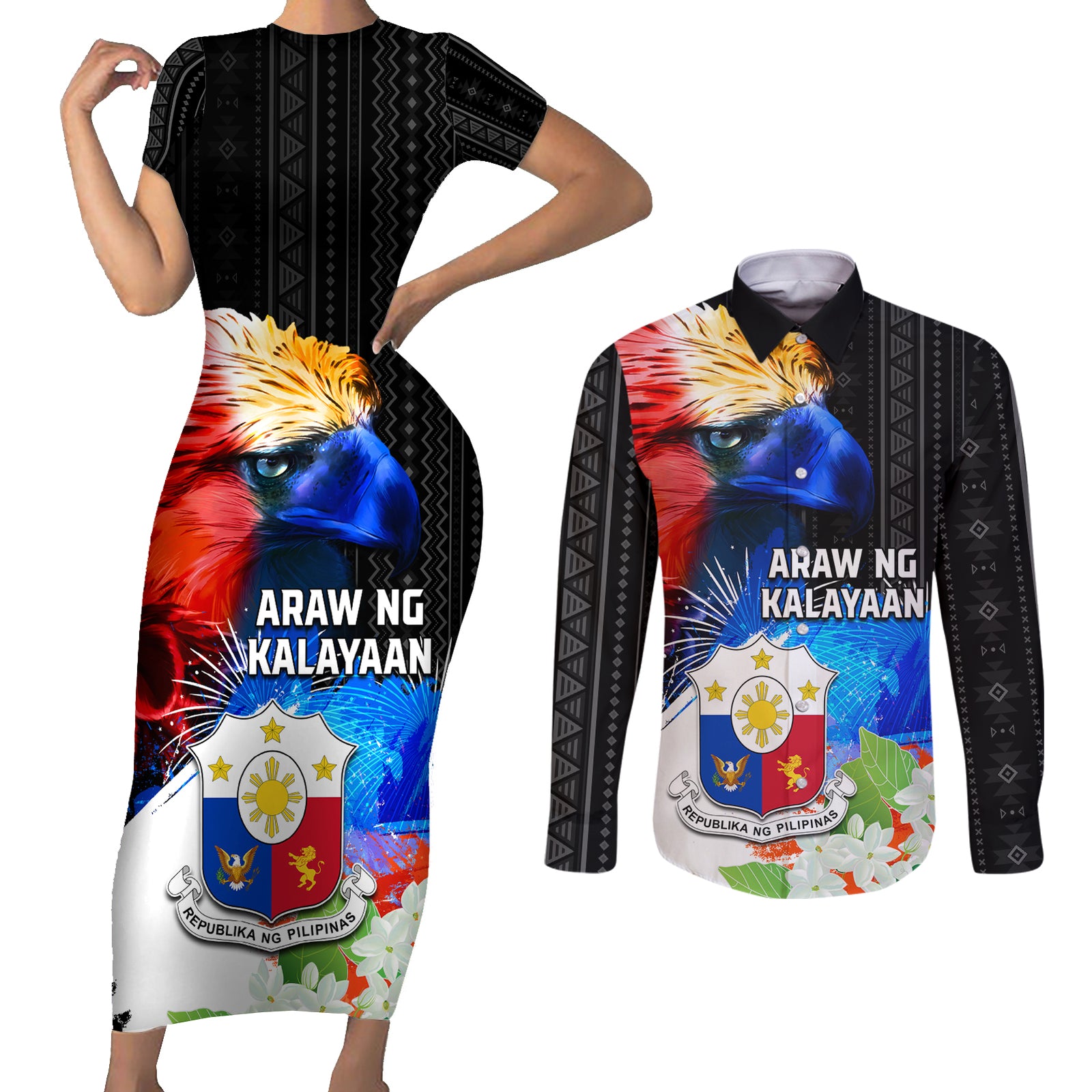 Philippines Independence Day Couples Matching Short Sleeve Bodycon Dress and Long Sleeve Button Shirt Philippines Eagle and Sampaguita Jasmine Yakan Tribal LT03 Black - Polynesian Pride
