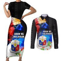 Philippines Independence Day Couples Matching Short Sleeve Bodycon Dress and Long Sleeve Button Shirt Philippines Eagle and Sampaguita Jasmine Yakan Tribal