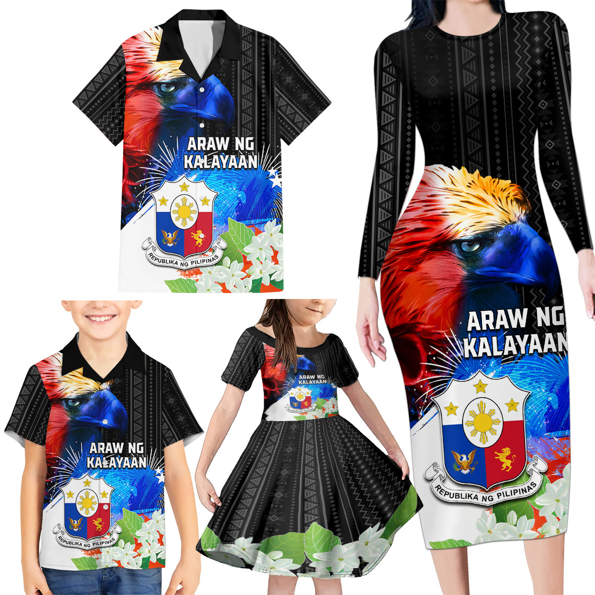 Philippines Independence Day Family Matching Long Sleeve Bodycon Dress and Hawaiian Shirt Philippines Eagle and Sampaguita Jasmine Yakan Tribal
