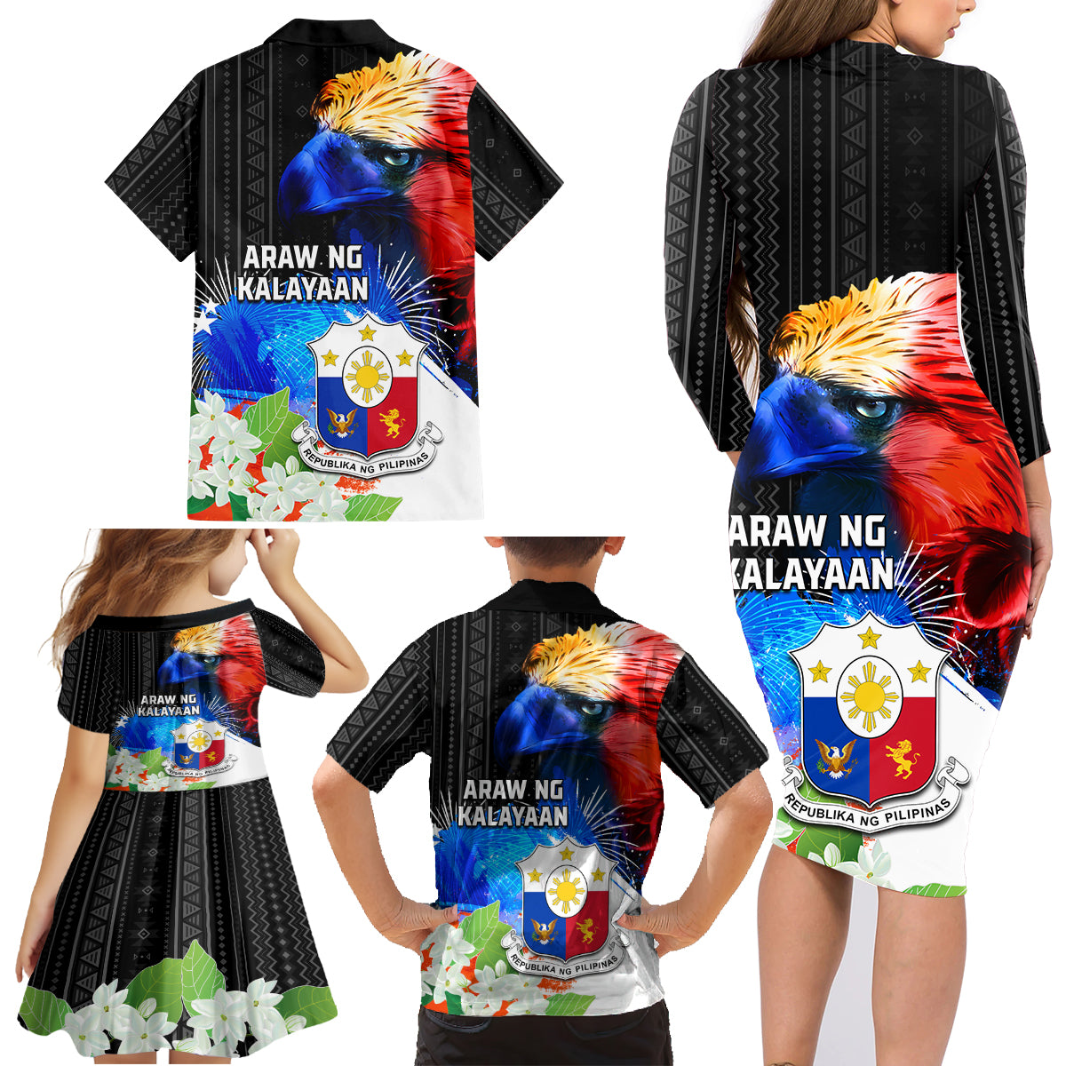 Philippines Independence Day Family Matching Long Sleeve Bodycon Dress and Hawaiian Shirt Philippines Eagle and Sampaguita Jasmine Yakan Tribal
