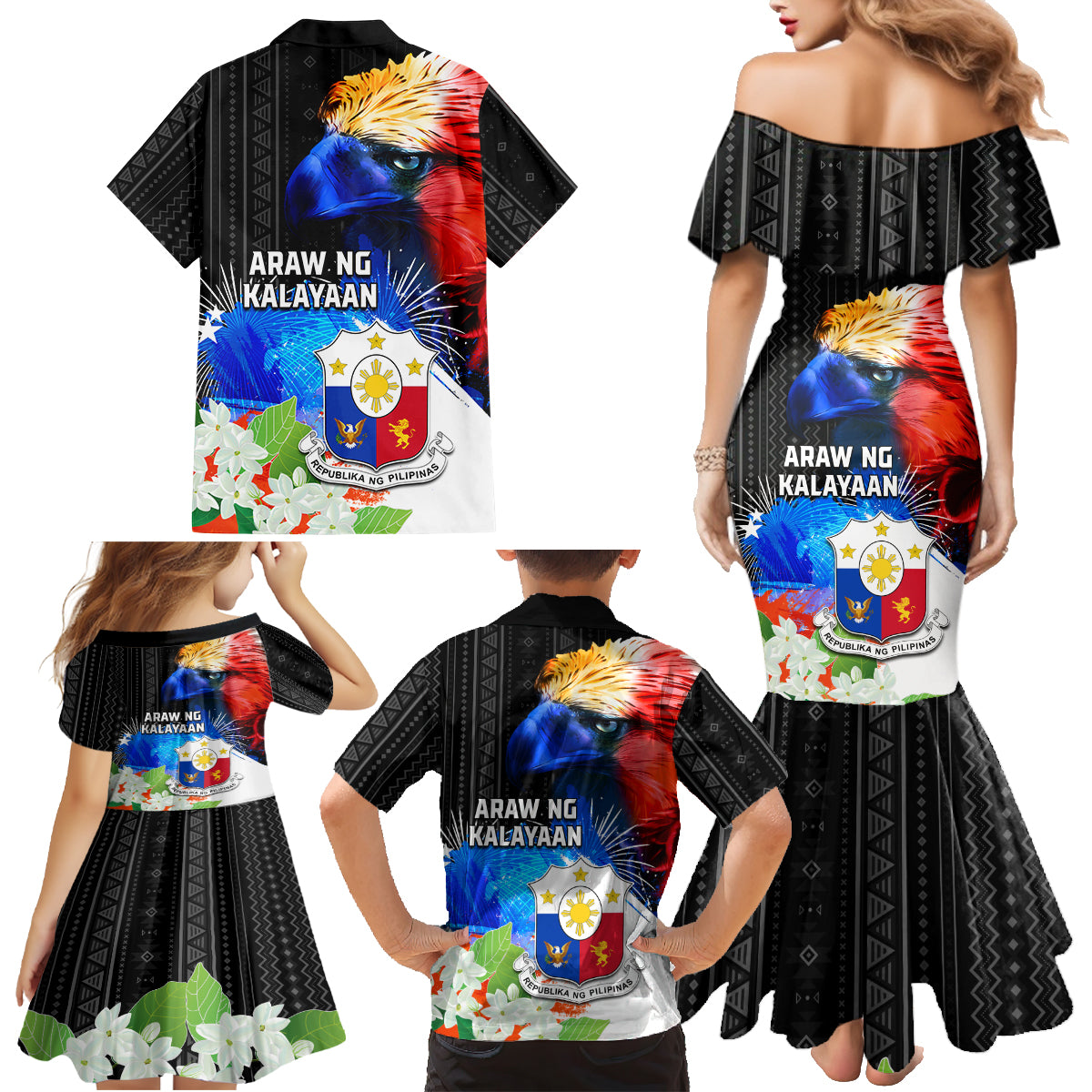 Philippines Independence Day Family Matching Mermaid Dress and Hawaiian Shirt Philippines Eagle and Sampaguita Jasmine Yakan Tribal