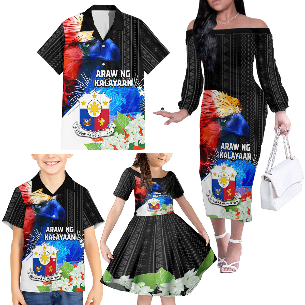 Philippines Independence Day Family Matching Off The Shoulder Long Sleeve Dress and Hawaiian Shirt Philippines Eagle and Sampaguita Jasmine Yakan Tribal LT03 - Polynesian Pride