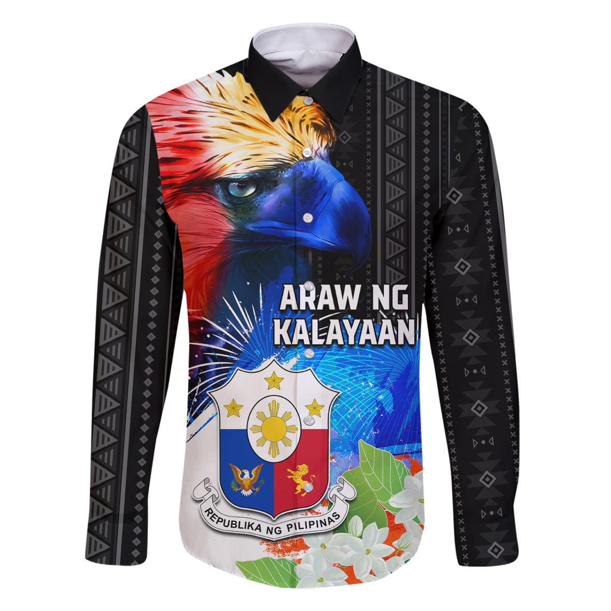 Philippines Independence Day Family Matching Off The Shoulder Long Sleeve Dress and Hawaiian Shirt Philippines Eagle and Sampaguita Jasmine Yakan Tribal