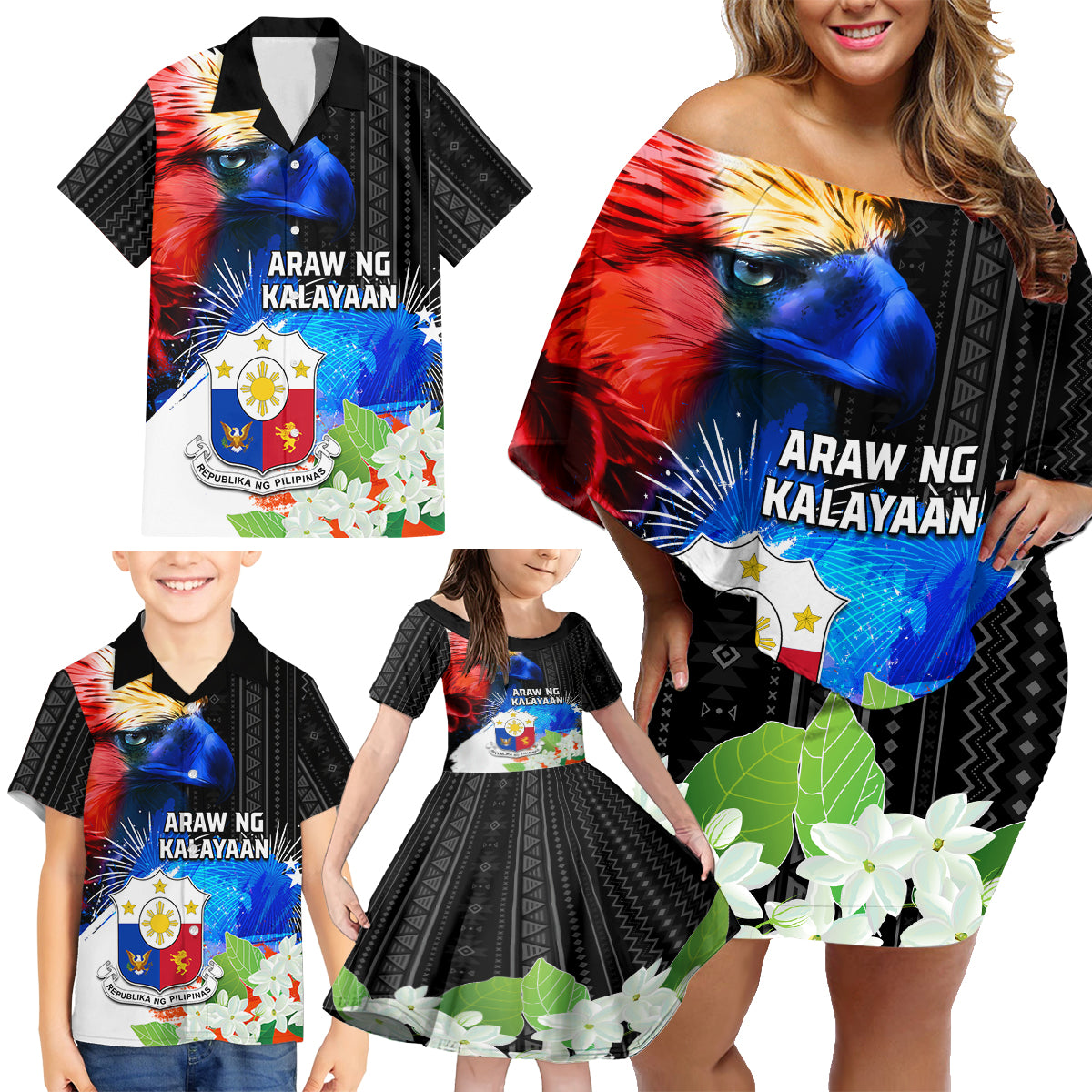 Philippines Independence Day Family Matching Off Shoulder Short Dress and Hawaiian Shirt Philippines Eagle and Sampaguita Jasmine Yakan Tribal LT03 - Polynesian Pride
