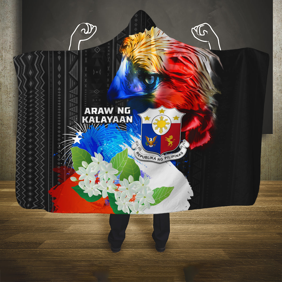 Philippines Independence Day Hooded Blanket Philippines Eagle and Sampaguita Jasmine Yakan Tribal LT03 One Size Black - Polynesian Pride