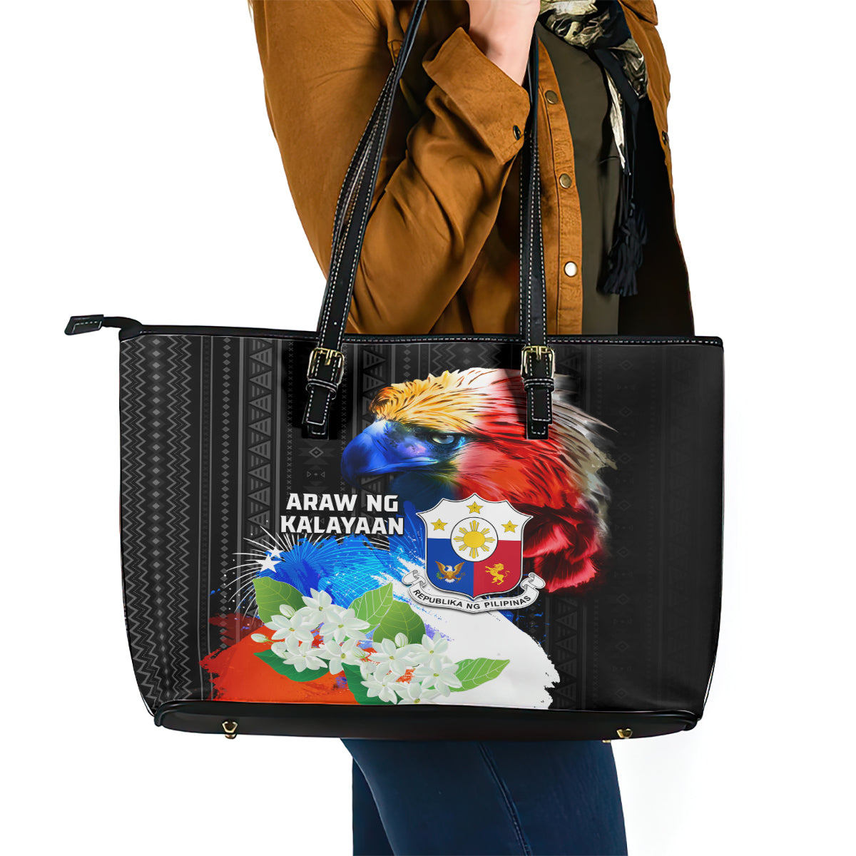 Philippines Independence Day Leather Tote Bag Philippines Eagle and Sampaguita Jasmine Yakan Tribal