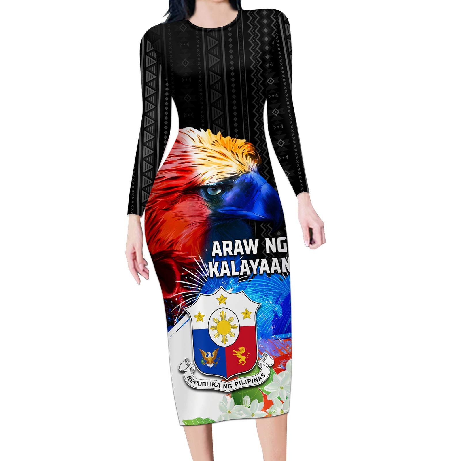 Philippines Independence Day Long Sleeve Bodycon Dress Philippines Eagle and Sampaguita Jasmine Yakan Tribal LT03 Long Dress Black - Polynesian Pride